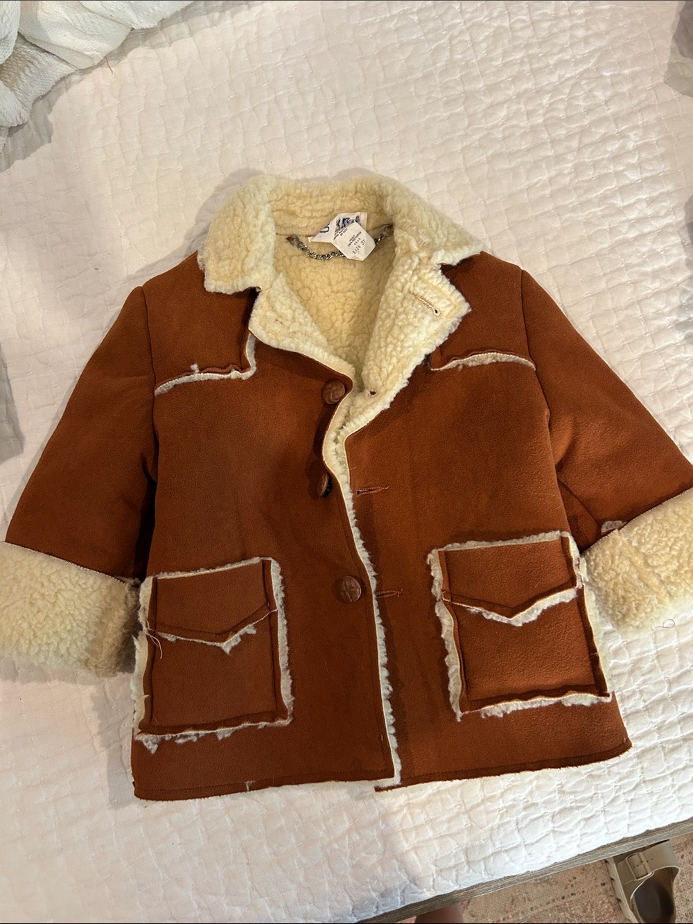 Vintage Kids Faux Suede Shearling Jacket - Brown